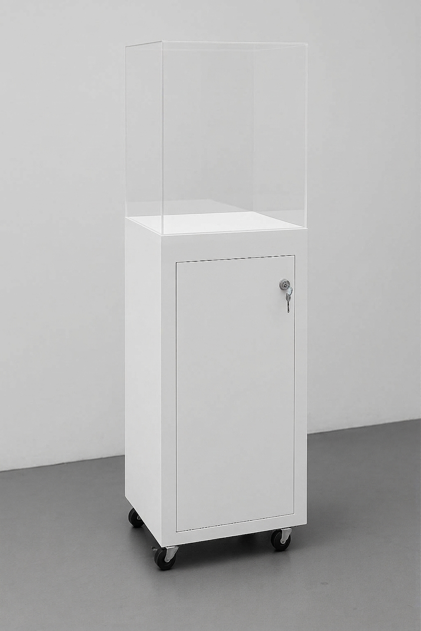 totem con teca in plexiglass, ruote per movimentazione